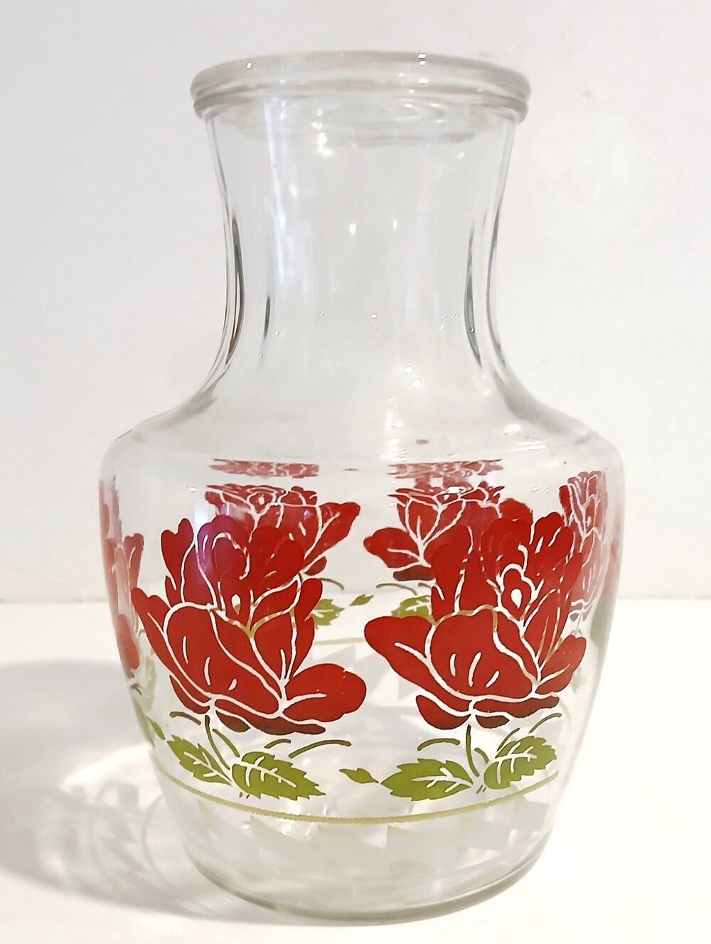 Vintage Red Floral Glass Juice Carafe With Glass Lid